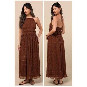 Lulus Madriana Brown Halter Neck Ruffed Midi Dress Size Medium NWT Boho Earthy